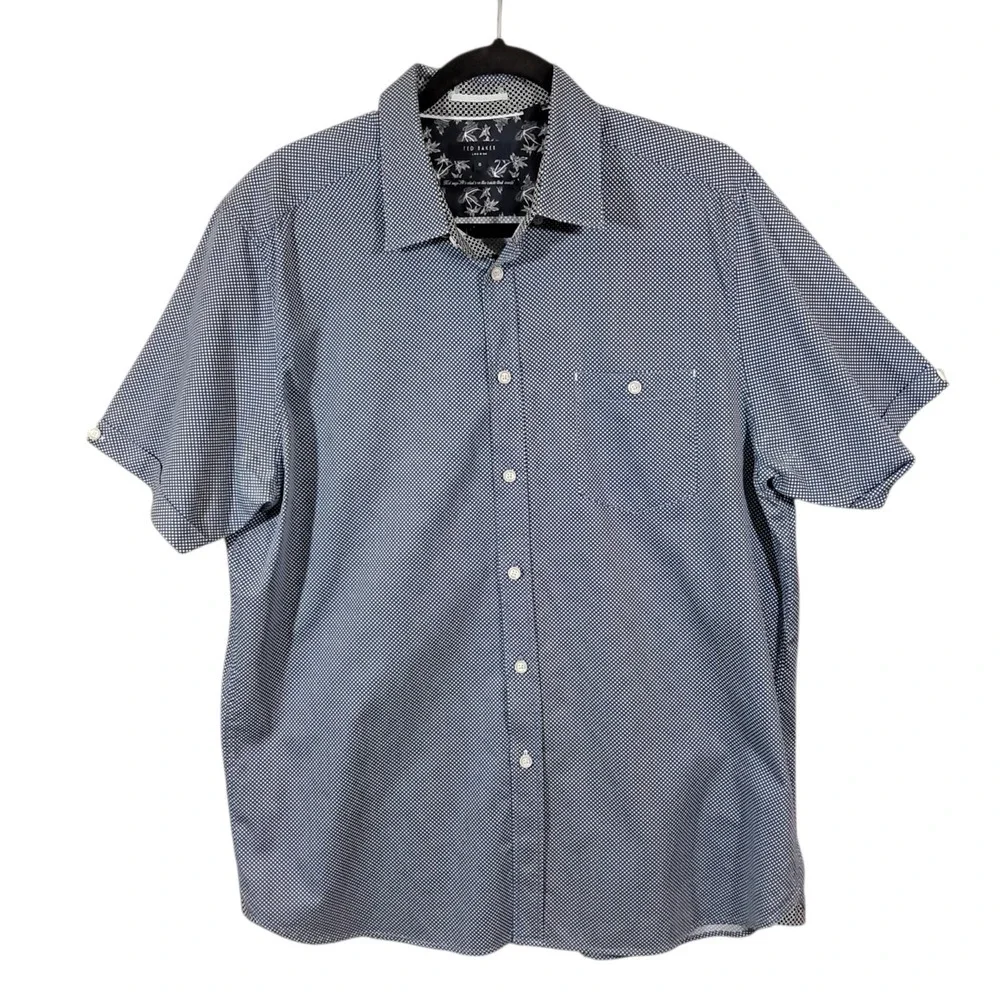 Ted Baker Shirt Mens 6 XL Short Sleeve Blue Geometric‎ Slim Office Pocket Cotton